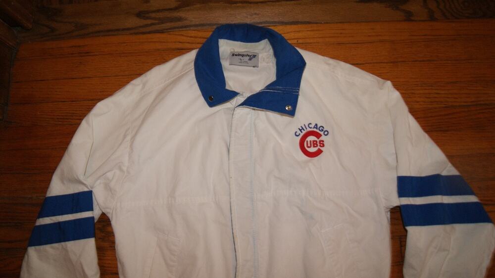 Vintage 90s Chicago Cubs White Blue Stripe Swingster Mens L Zip Jacket Bomber